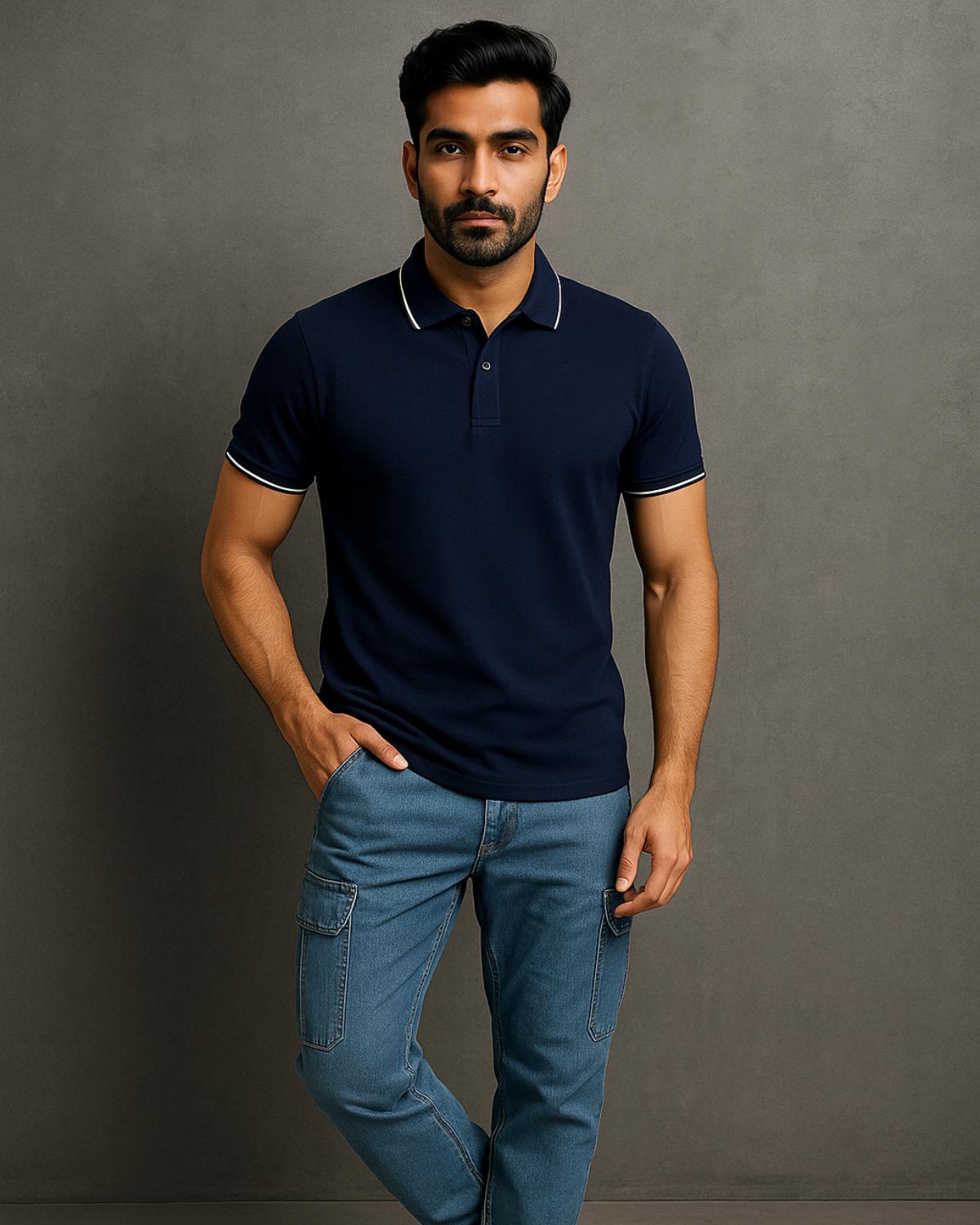 Plain Tipped Polo T-Shirt- Navy Blue