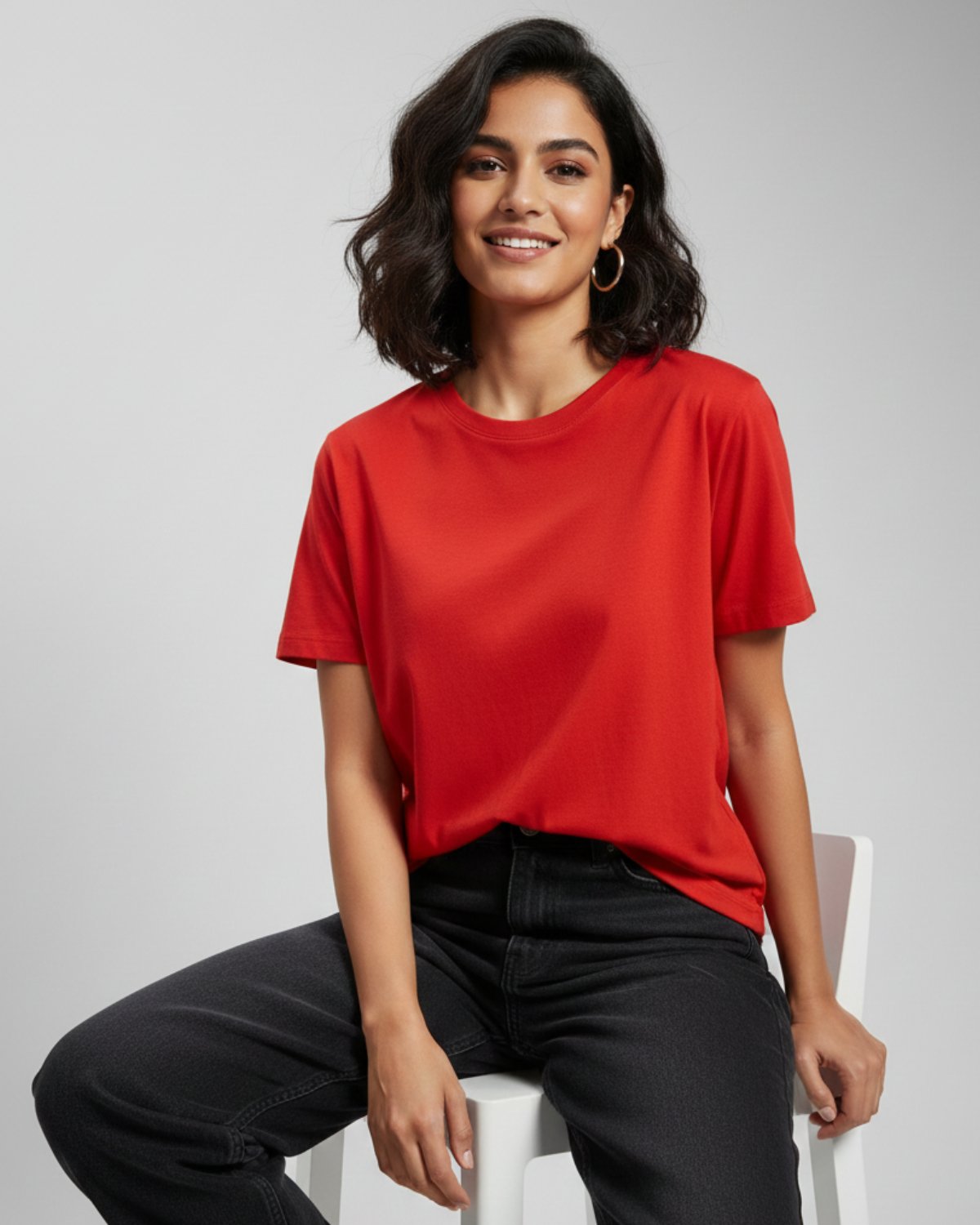 Women Plain T-shirt-Red