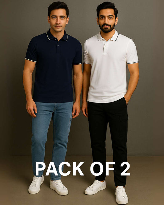 Tipped Polo T-Shirt Combo - Navy-White