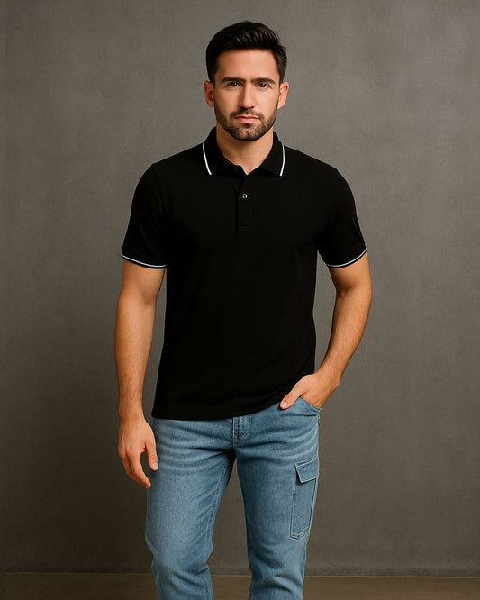 Plain Tipped Polo T-Shirt- Black