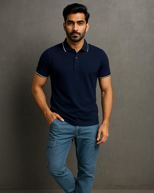 Plain Tipped Polo T-Shirt- Navy Blue