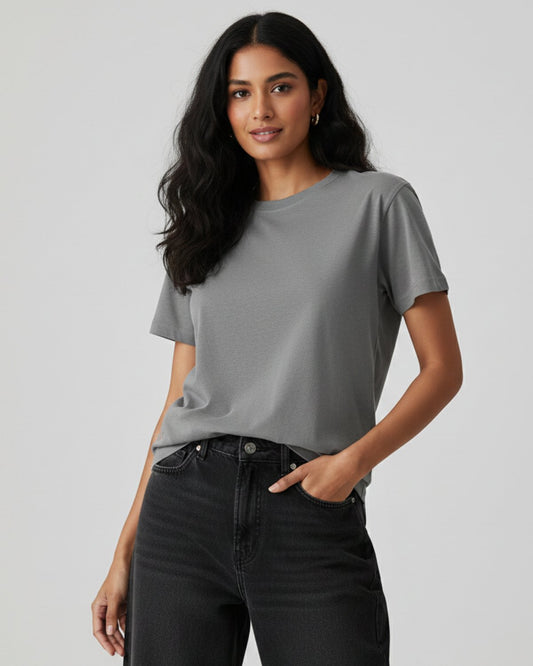 Women Plain T-shirt-Grey Mel