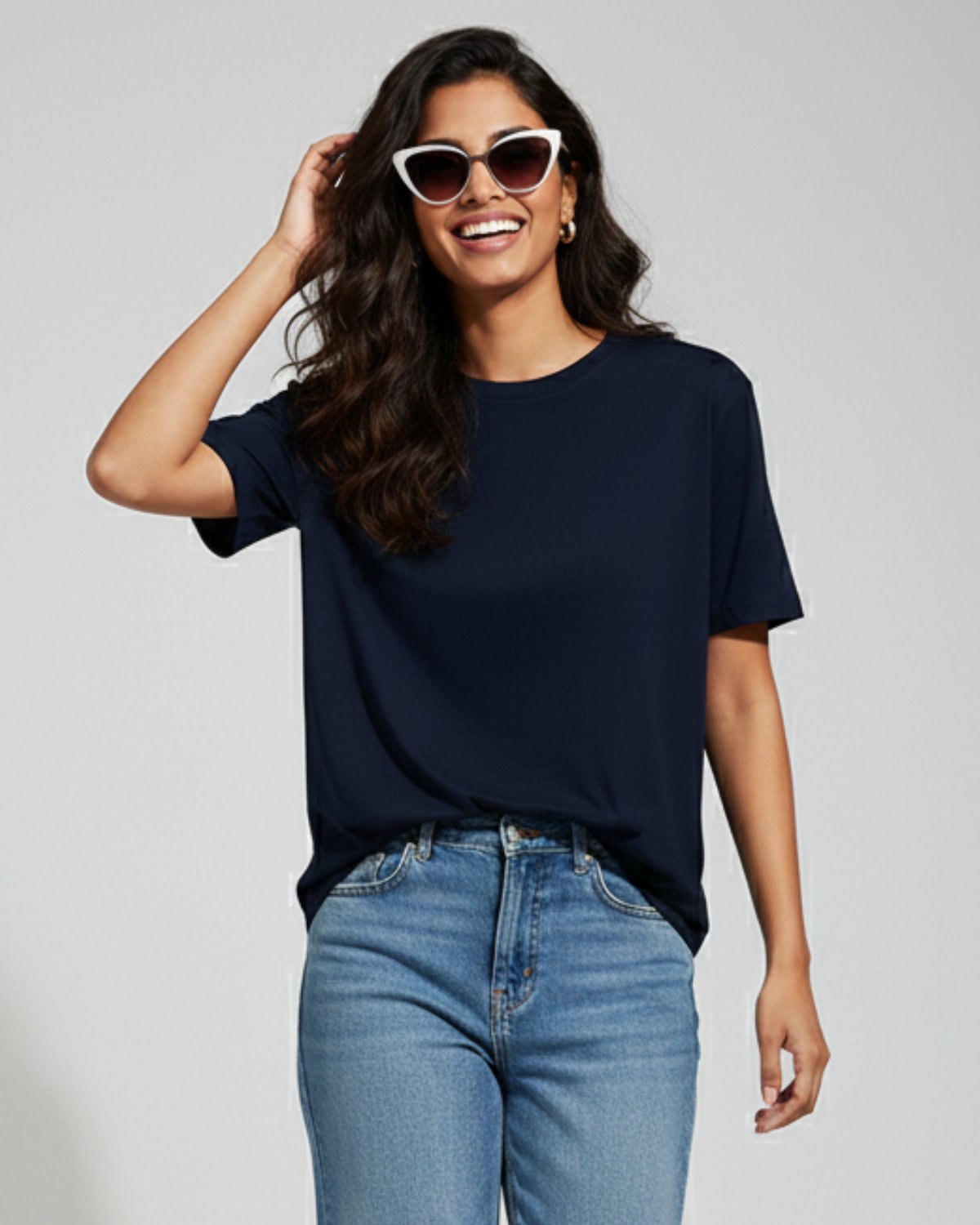 Women Plain T-shirt-Navy