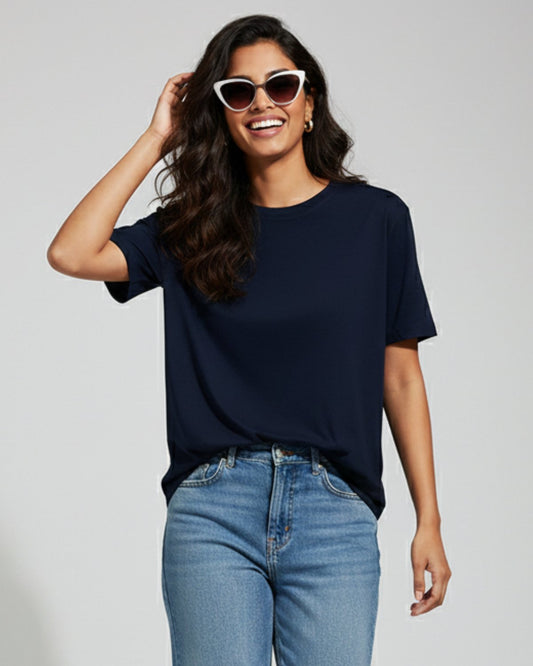 Women Plain T-shirt-Navy
