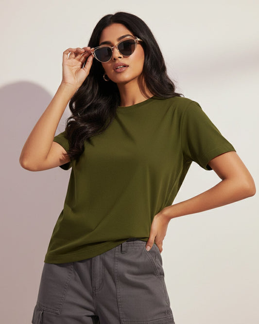 Women Plain T-shirt-Olive