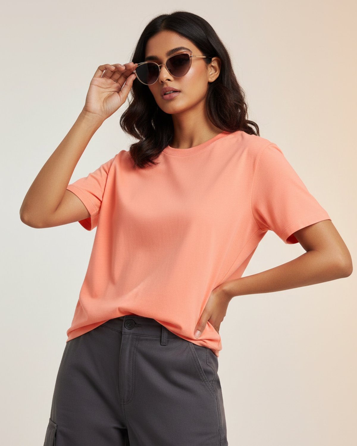 Women Plain T-shirt-Salmon Pink
